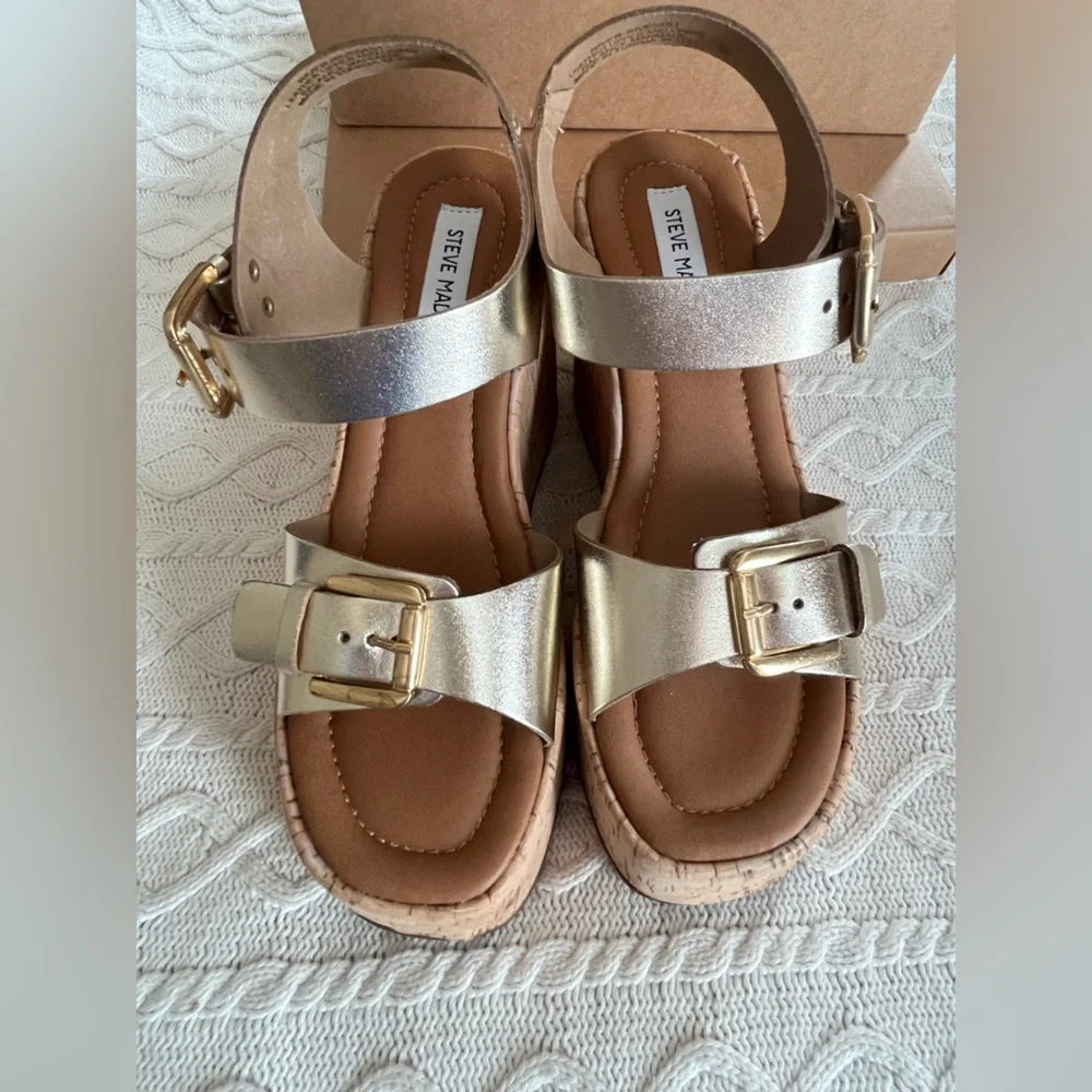 Steve Madden Cork-Textured Platform Wedge Sandals Gold Leather SZ 9 - Picture 14 of 15
